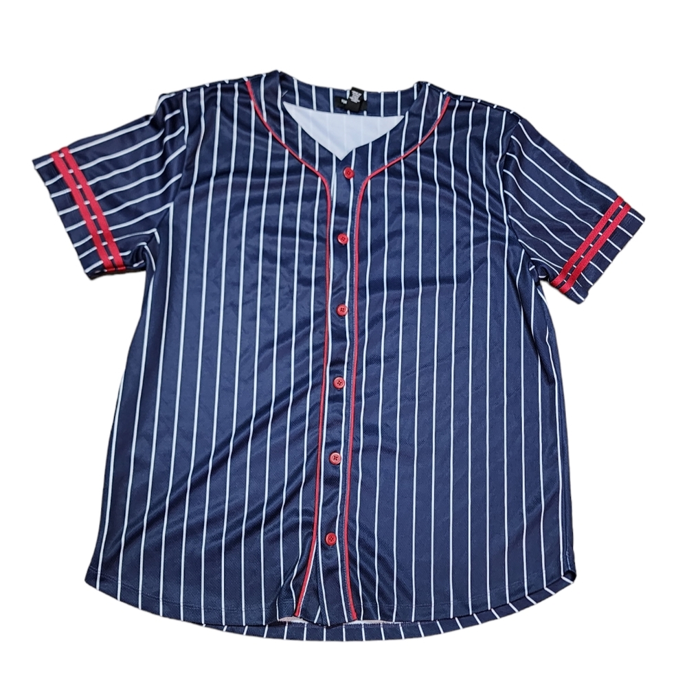 Forever 21 Men Blue and Red Baseball Jersey Style Button Shirt Size XL